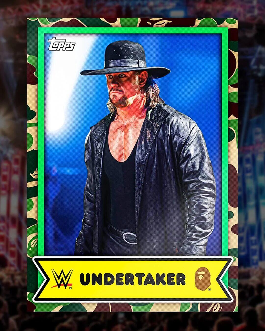 Topps联手潮牌BAPE为WWE明星们制作了特别版本的收藏卡，并以标志性的卡通风格打造人物形象