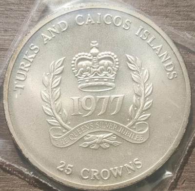1977年特克斯和凯科斯群岛发行的25克朗银币