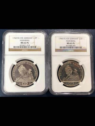 德国纽伦堡1760年河神1/2泰勒银币一对