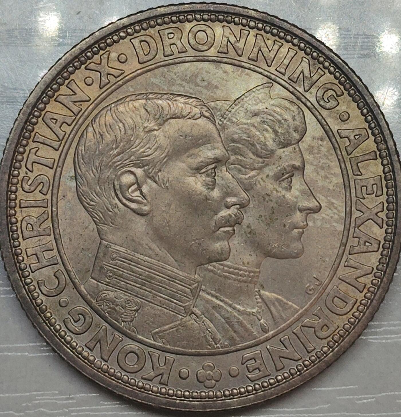 丹麦1923年克里斯蒂安十世与亚历山德拉王后银婚纪念2克朗银币