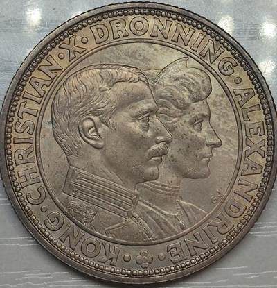 丹麦1923年克里斯蒂安十世与亚历山德拉王后银婚纪念2克朗银币