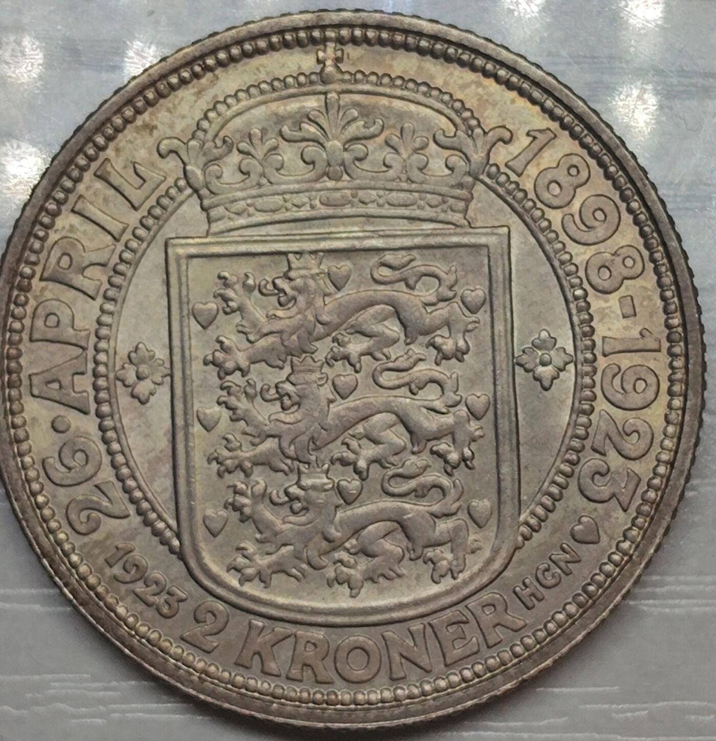 丹麦1923年克里斯蒂安十世与亚历山德拉王后银婚纪念2克朗银币