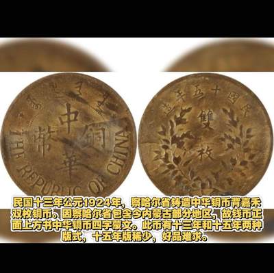 民国十三年察哈尔省中华铜币北嘉禾双枚铜币