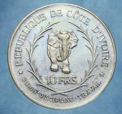 科特迪瓦（象牙海岸）1966年发行的10法郎银币