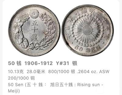 明治41年（1908年）旭日五十钱银币 2026/2/15