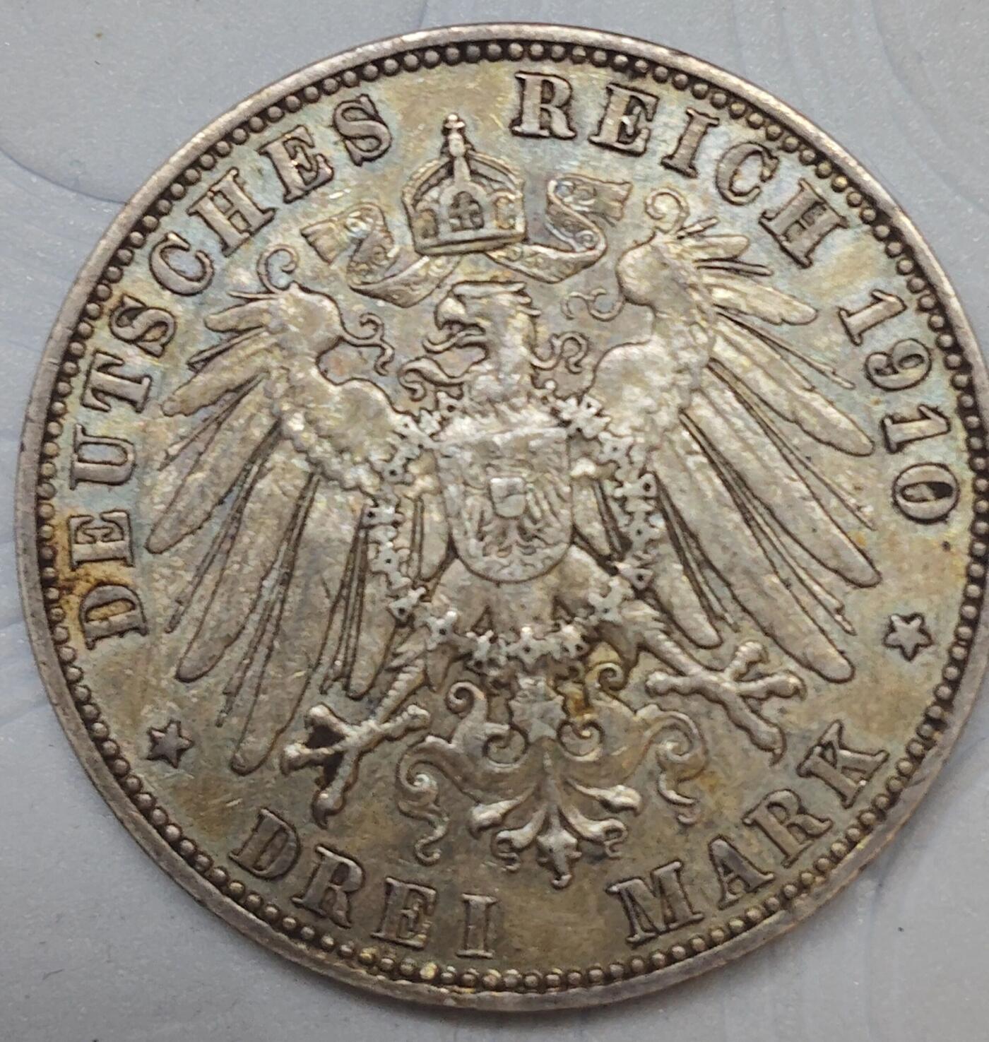 德意志帝国萨克森王国1910年3马克银币