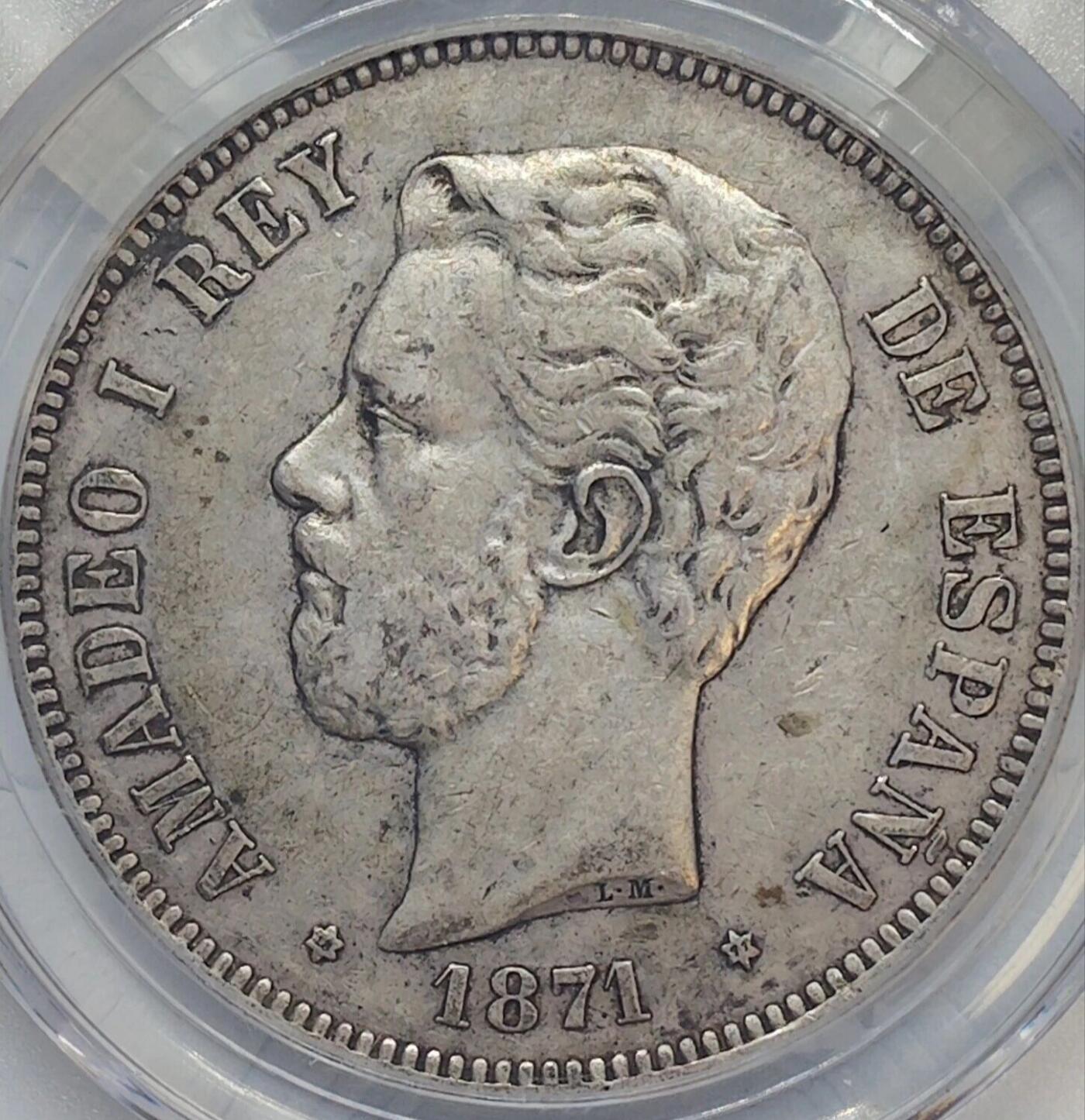 1871年西班牙阿马迪奥一世时期的5比塞塔（Pesetas）银币