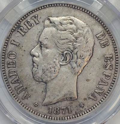 1871年西班牙阿马迪奥一世时期的5比塞塔（Pesetas）银币
