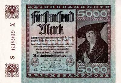 1922年魏玛共和国时期发行的5000马克帝国银行券