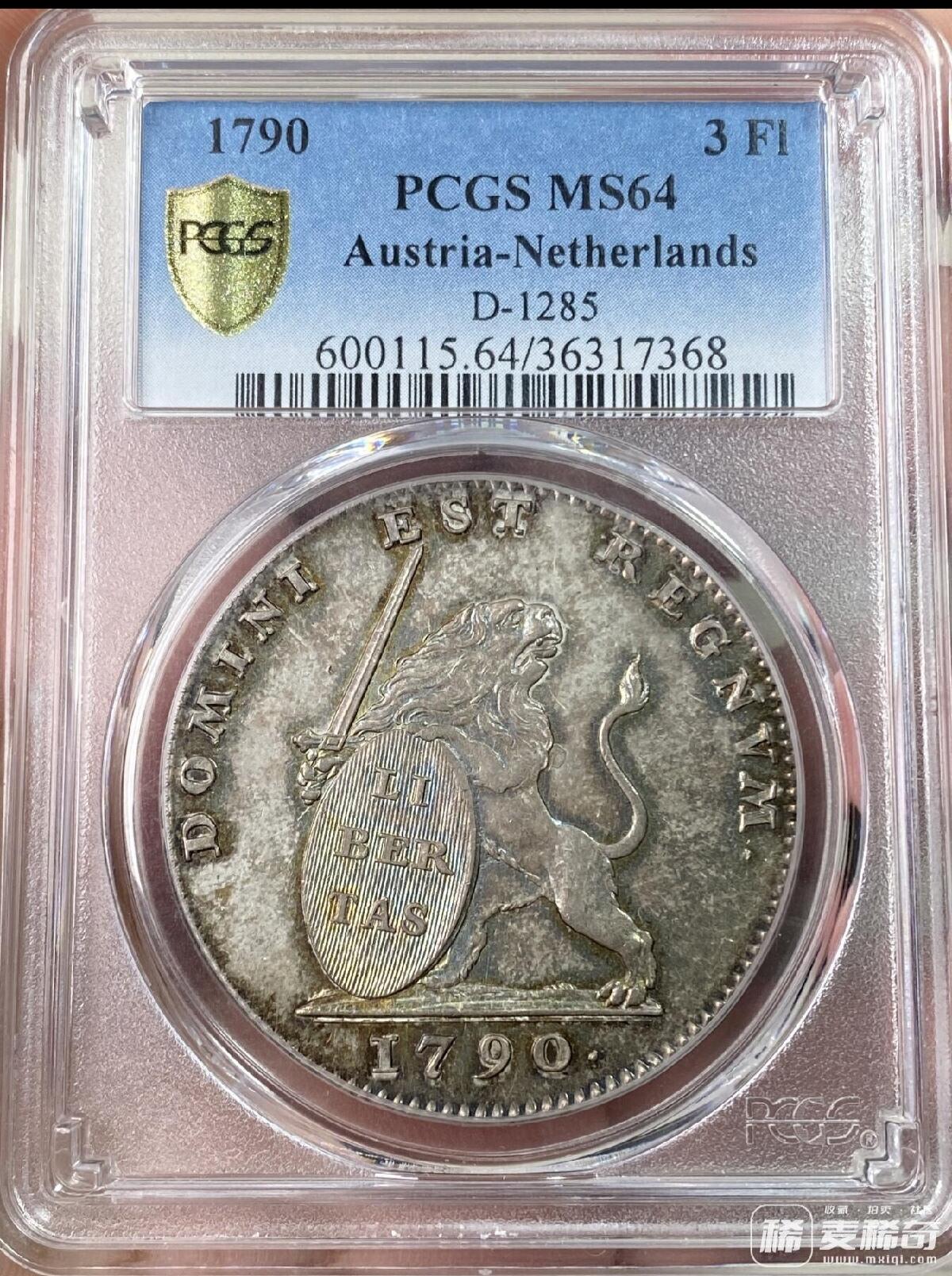 PCGS MS64 1790年奥地利属荷兰狮子持剑护盾3弗洛林大银 2022/2/23