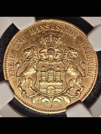 德国1913年汉堡市双狮20马克金币
