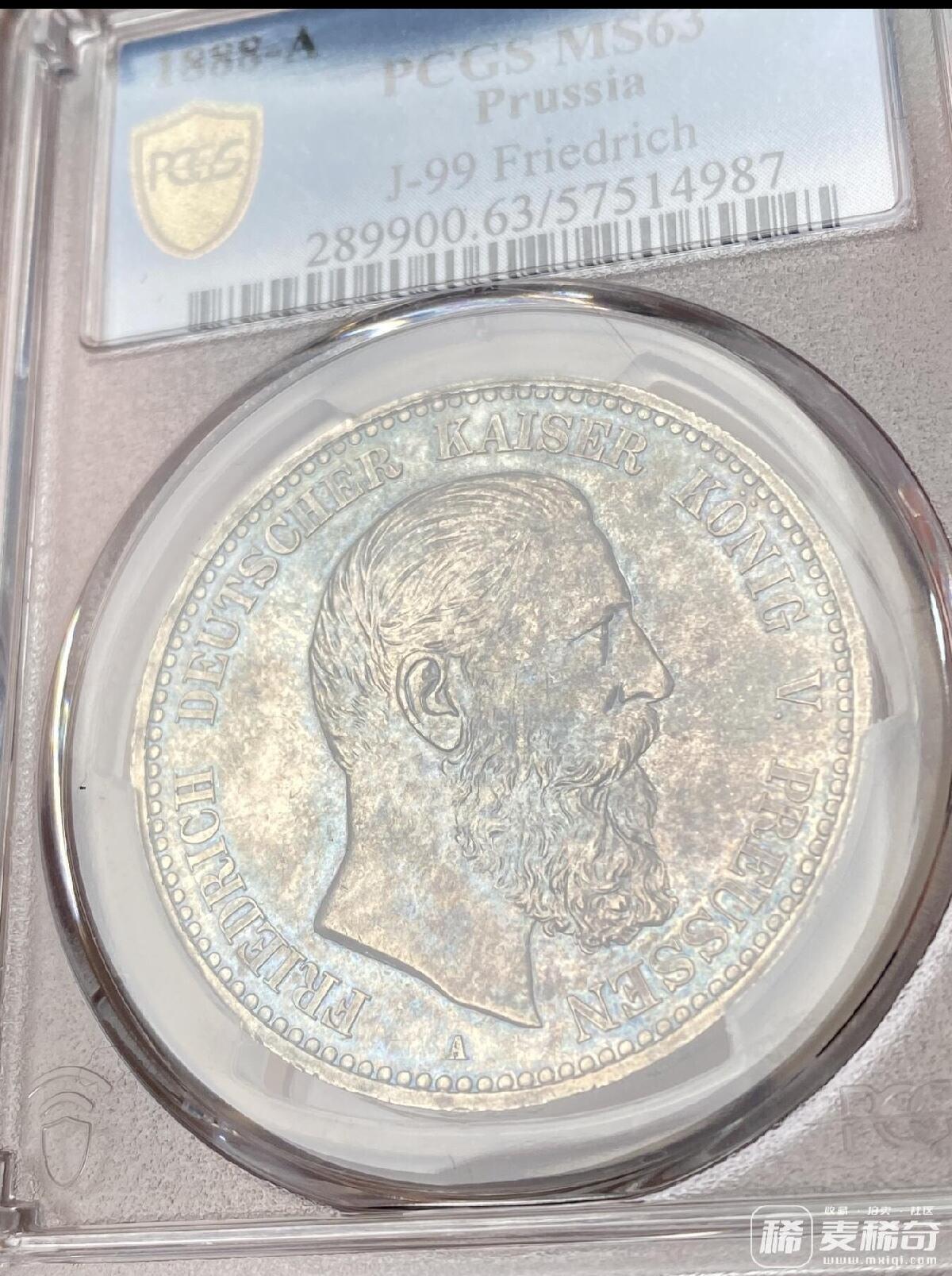 PCGS MS63 1888德国普鲁士三皇年弗雷德里希三世流通短翅5马克银币 2026/2/23