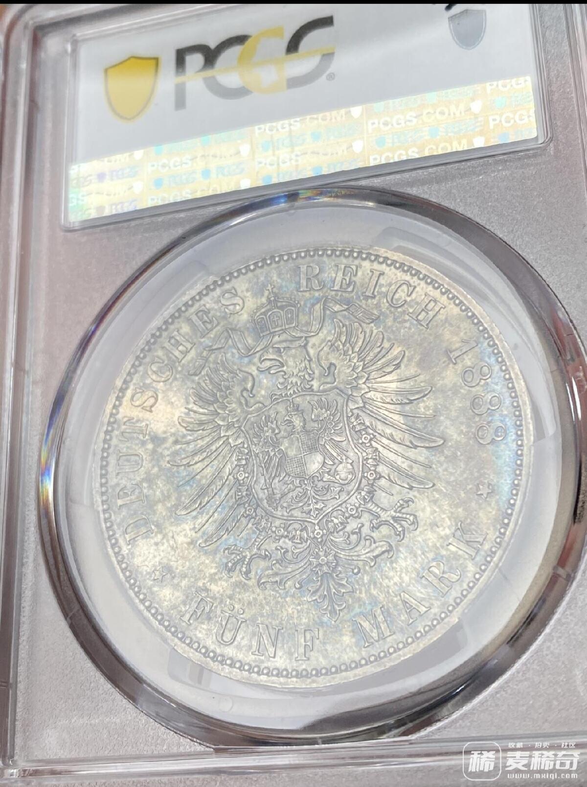 PCGS MS63 1888德国普鲁士三皇年弗雷德里希三世流通短翅5马克银币 2026/2/23