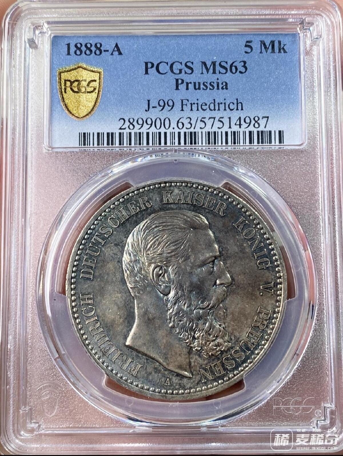 PCGS MS63 1888德国普鲁士三皇年弗雷德里希三世流通短翅5马克银币 2026/2/23