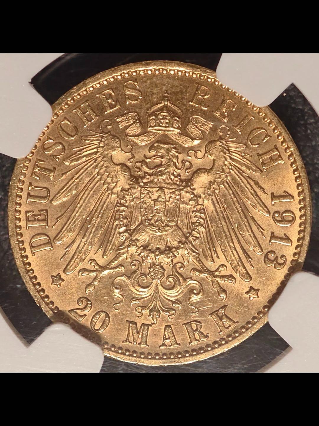 德国1913年汉堡市双狮20马克金币