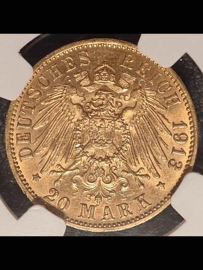 德国1913年汉堡市双狮20马克金币