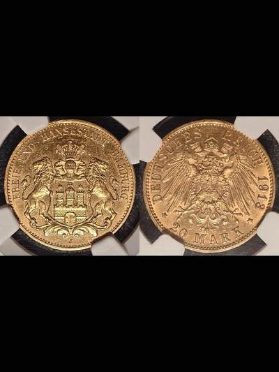 德国1913年汉堡市双狮20马克金币
