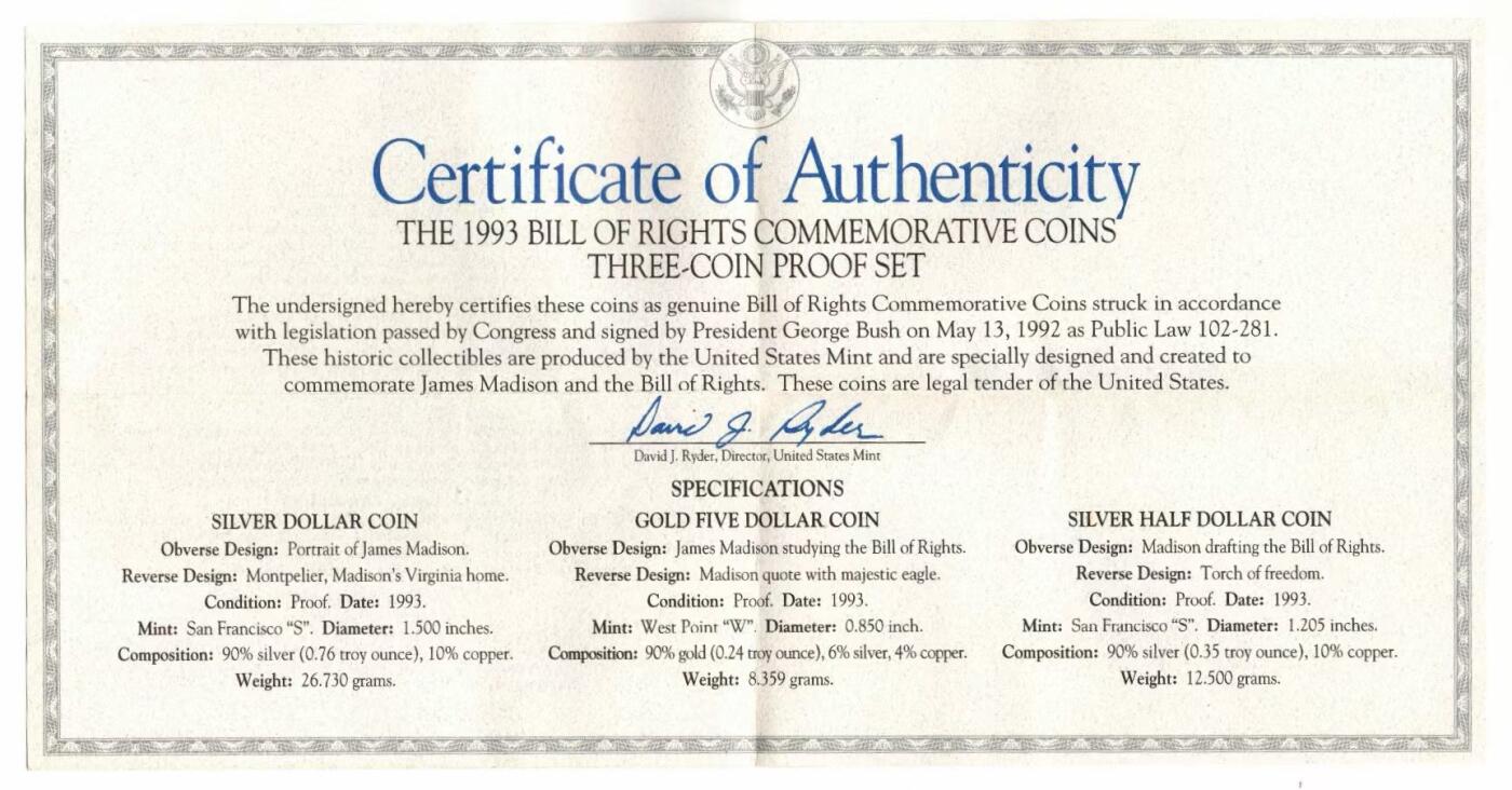 1993年美国发行的《权利法案》纪念三枚精制套币