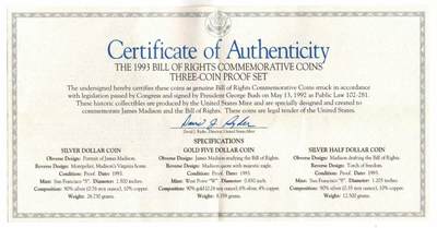 1993年美国发行的《权利法案》纪念三枚精制套币