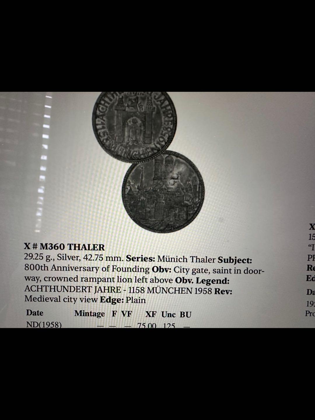 德国慕尼黑1958年纪念建城800周年泰勒银币
