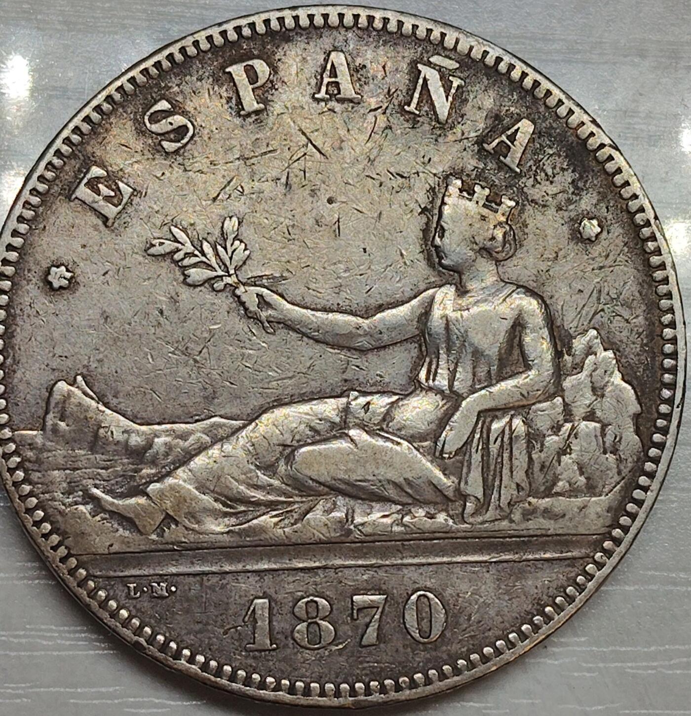 1870年西班牙临时政府时期的5比塞塔（Pesetas）银币