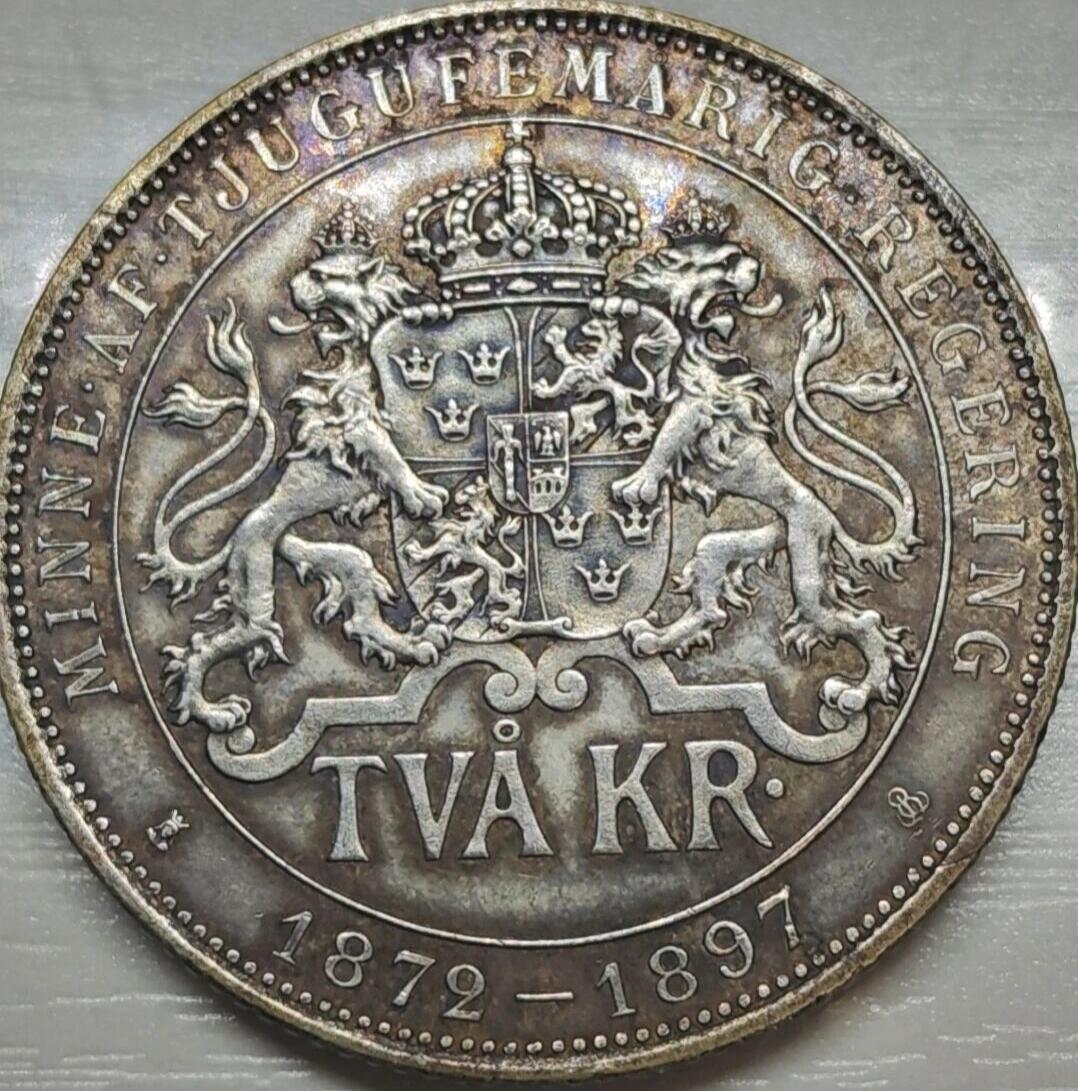 1897年瑞典奥斯卡二世登基25周年2克朗纪念银币