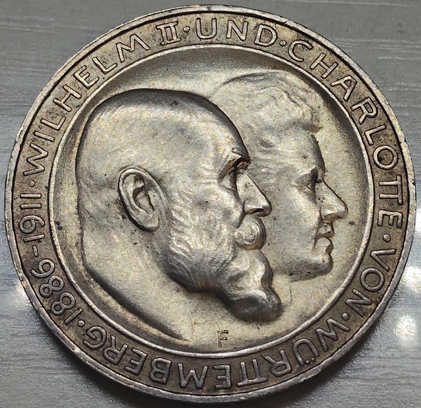 1911年德国符腾堡王国威廉二世与夏洛特银婚纪念3马克银币
