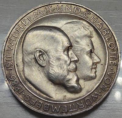 1911年德国符腾堡王国威廉二世与夏洛特银婚纪念3马克银币