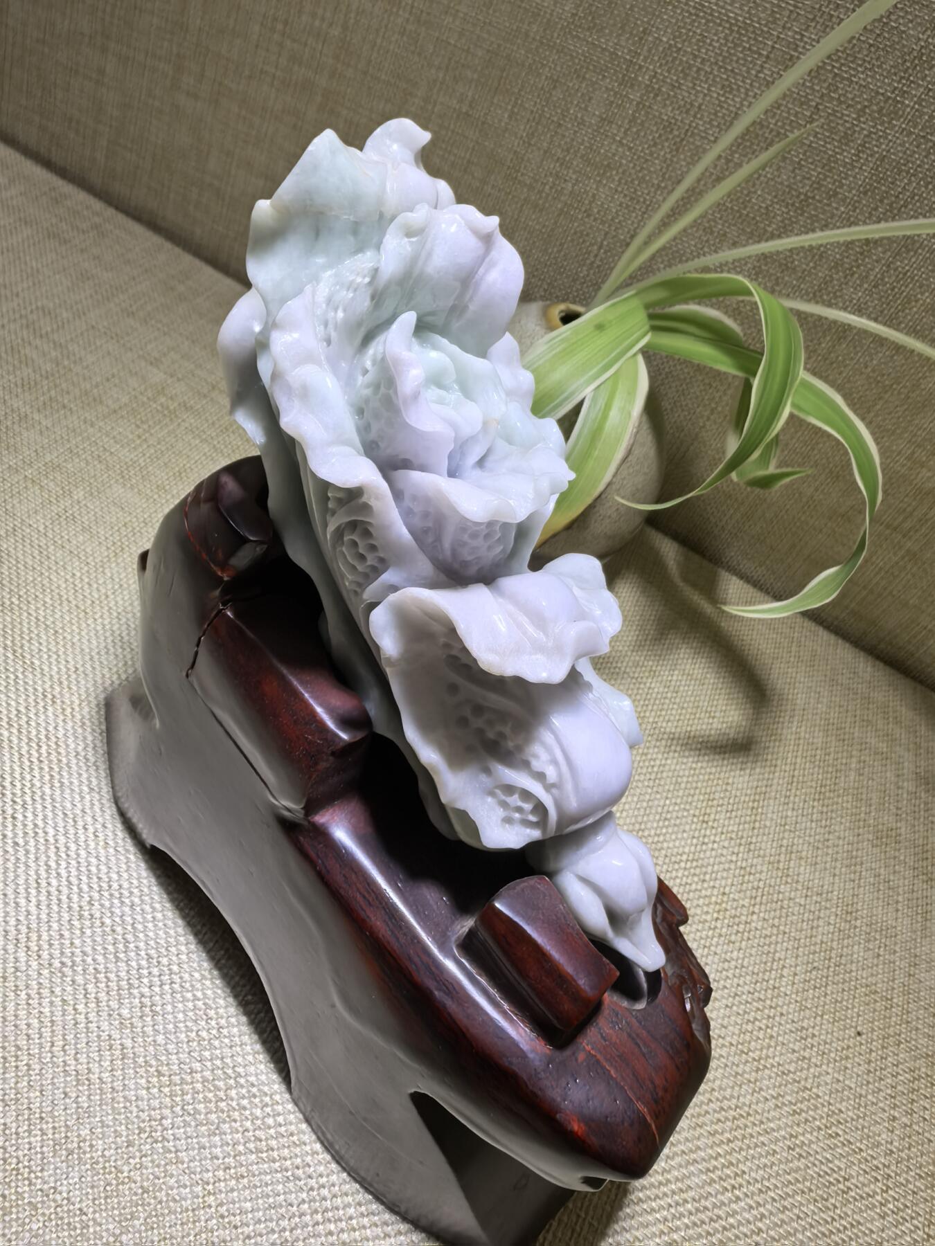 A货翡翠春带彩双色白菜摆件，尺寸含底座:15cm*13cm白菜因其名称谐音“遇百财”而被赋予招财纳福、富贵清白的寓意。附国检证书！