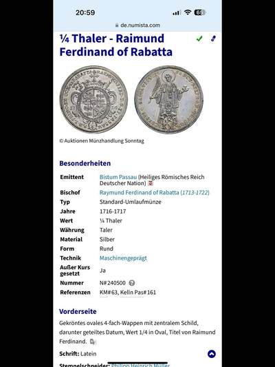 神圣罗马帝国帕绍1/4塔勒银币