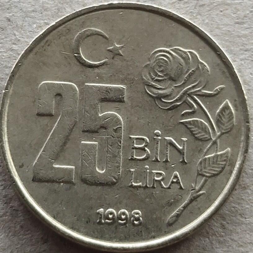 🪙 土耳其25000里拉（25 Bin Lira）硬币   这是土耳其共和国1998年发行的250