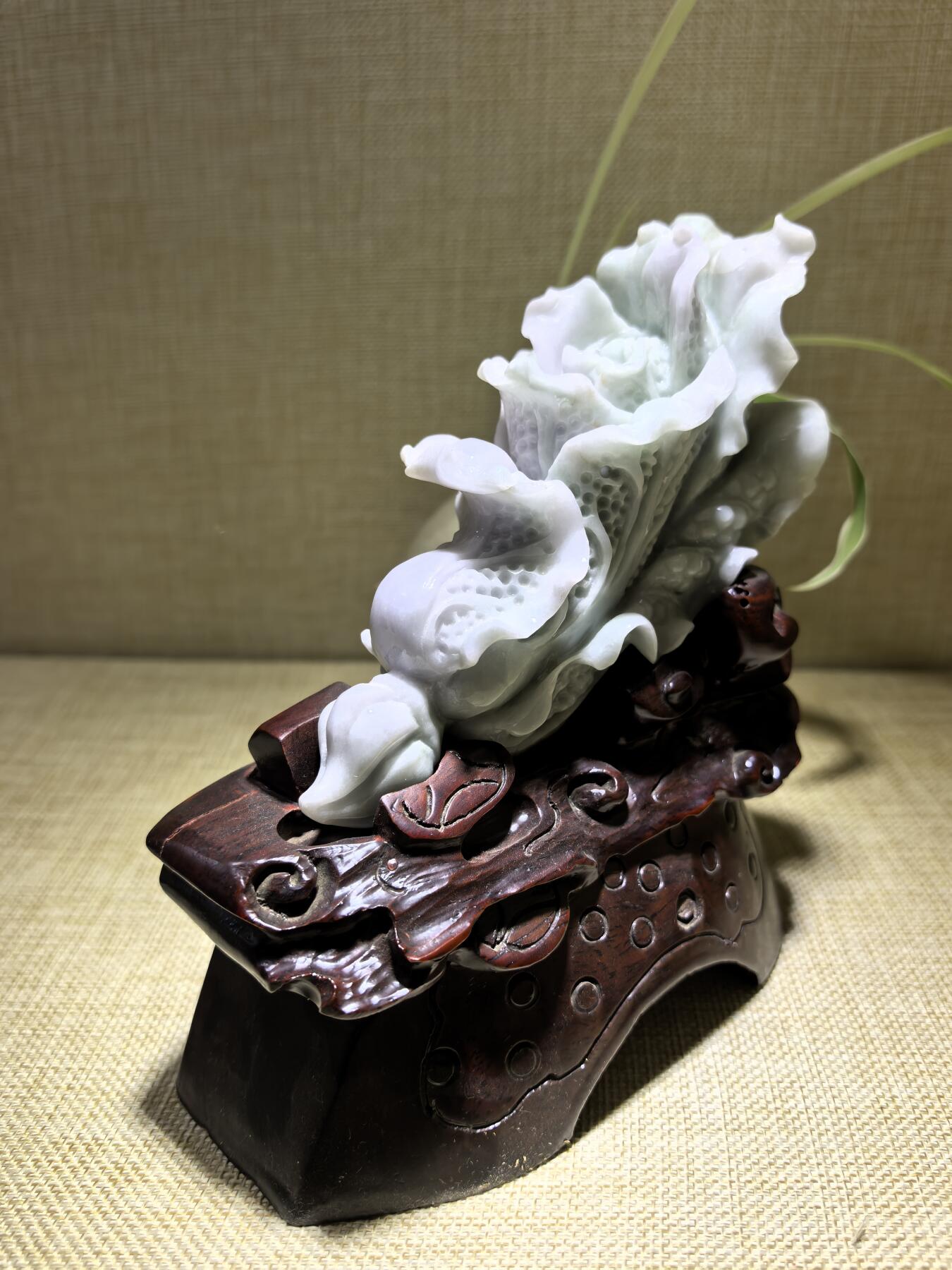 A货翡翠春带彩双色白菜摆件，尺寸含底座:15cm*13cm白菜因其名称谐音“遇百财”而被赋予招财纳福、富贵清白的寓意。附国检证书！