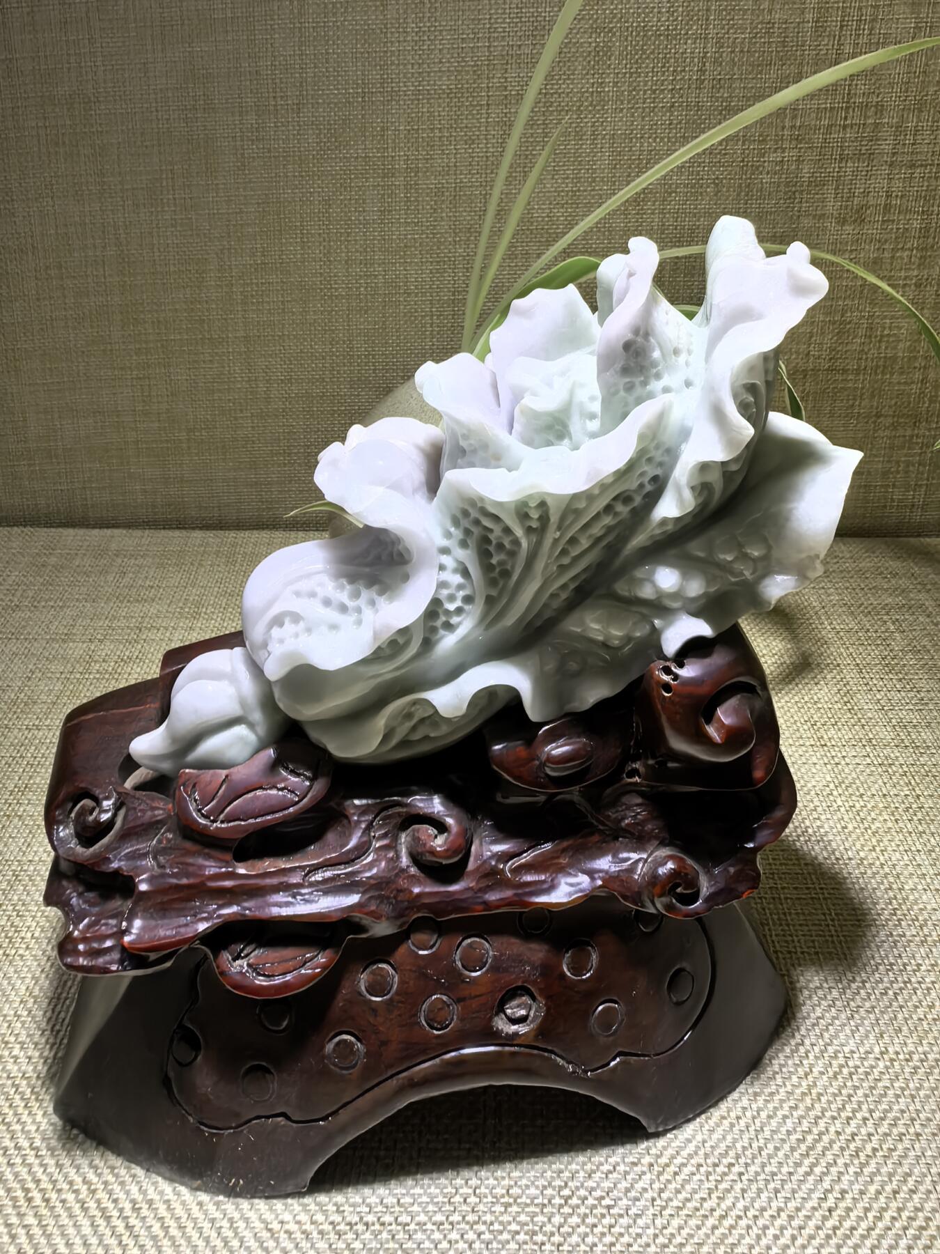 A货翡翠春带彩双色白菜摆件，尺寸含底座:15cm*13cm白菜因其名称谐音“遇百财”而被赋予招财纳福、富贵清白的寓意。附国检证书！