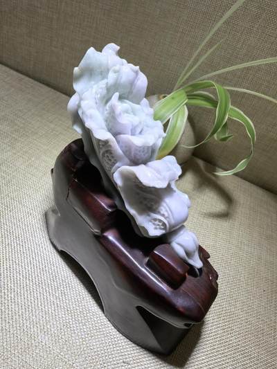 A货翡翠春带彩双色白菜摆件，尺寸含底座:15cm*13cm白菜因其名称谐音“遇百财”而被赋予招财纳福、富贵清白的寓意。附国检证书！
