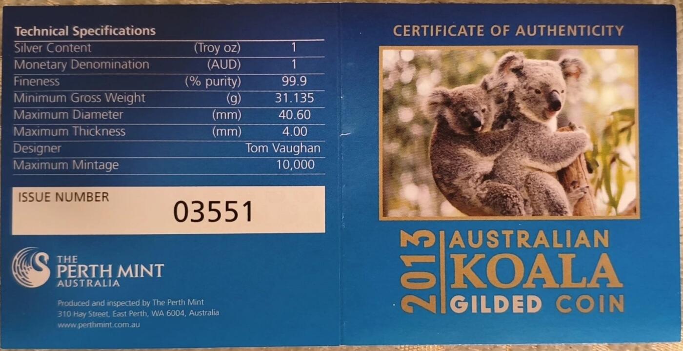 🐨 2013年澳大利亚珀斯造币厂考拉1盎司镀金纪念银币
