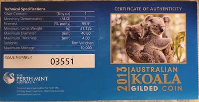 🐨 2013年澳大利亚珀斯造币厂考拉1盎司镀金纪念银币