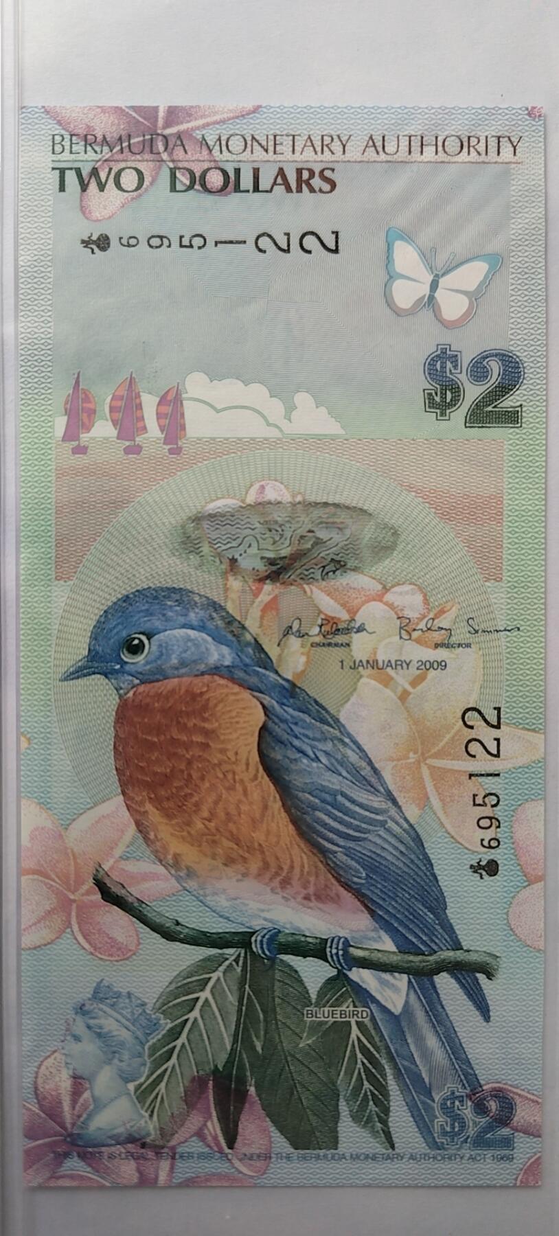 正面：蓝鸟 Bluebird（拉丁名：Sialia）
背面：百慕大皇家海军船舶修造厂及其钟塔，