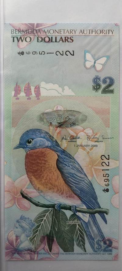 正面：蓝鸟 Bluebird（拉丁名：Sialia）
背面：百慕大皇家海军船舶修造厂及其钟塔，