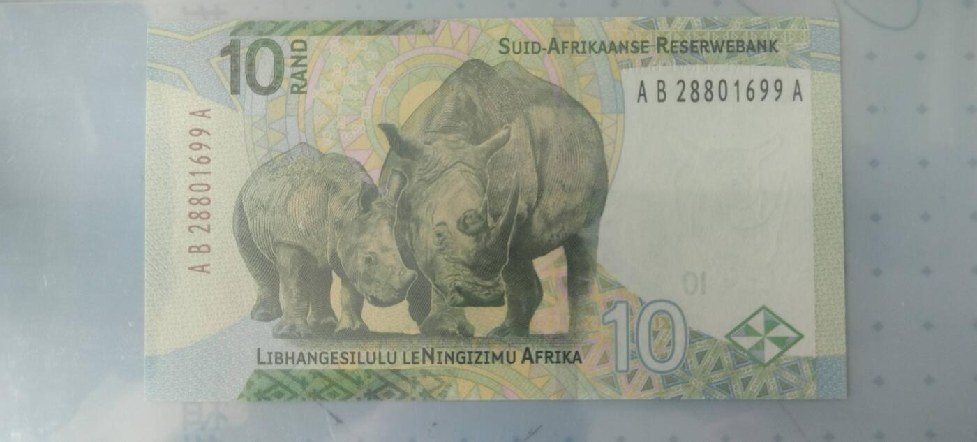 正面：曼德拉头像、头像两侧的微缩文字取自南非宪法序言、英文行名和国徽背面：两头白犀牛、南非荷兰语行名