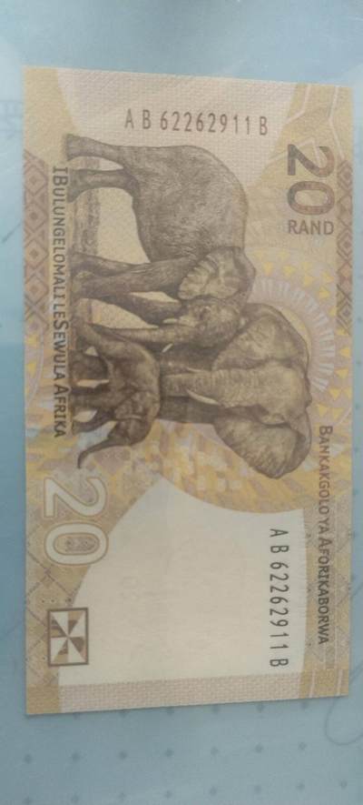 正面曼德拉头像、头像两侧的微缩文字取自南非宪法序言、英文行名和国徽背面：三头非洲象、茨瓦纳语行名。