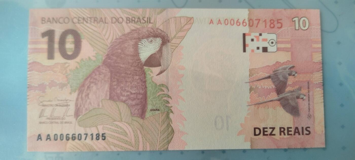 5雷亚尔的背面是大白鹭，巴西湿地常见鸟类。
10雷亚尔背面的红绿金刚鹦鹉