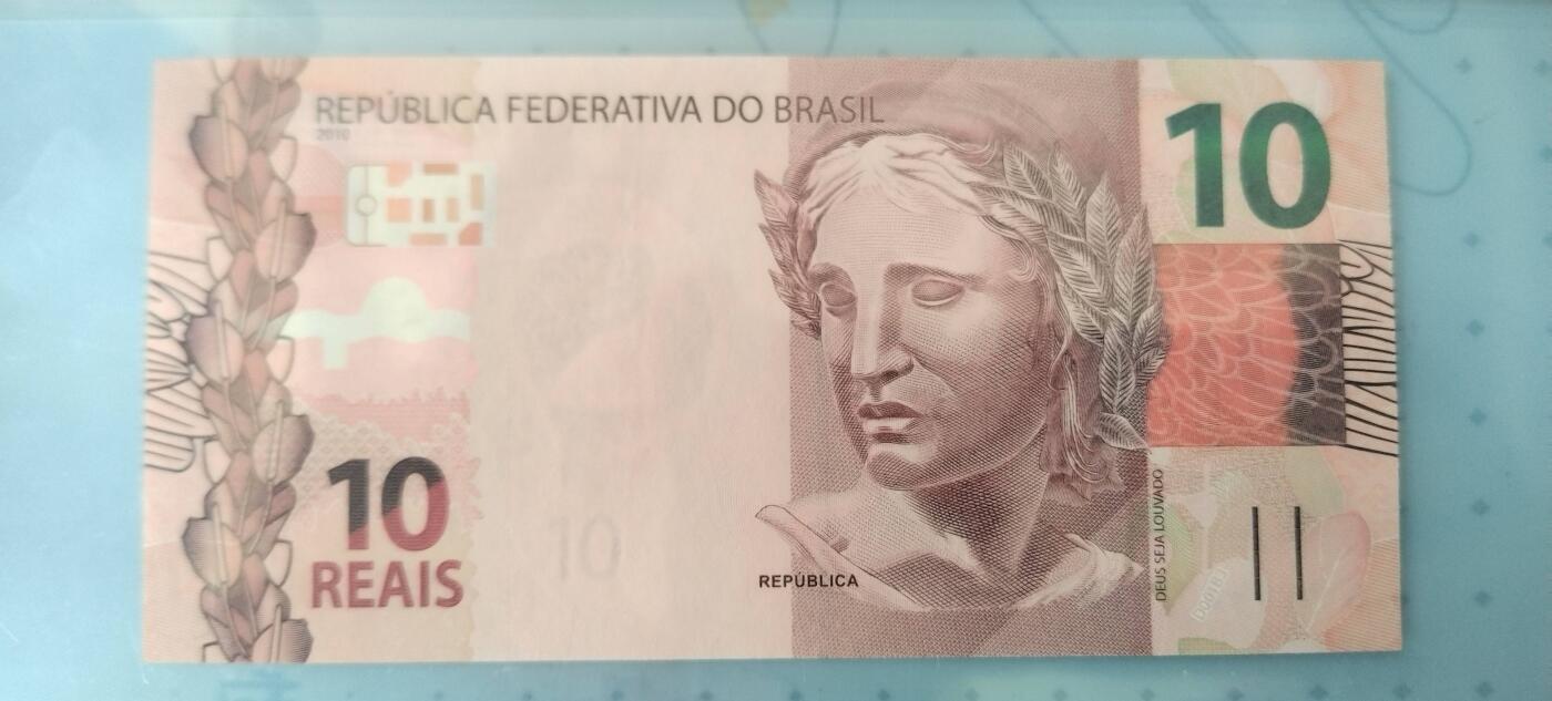 5雷亚尔的背面是大白鹭，巴西湿地常见鸟类。
10雷亚尔背面的红绿金刚鹦鹉