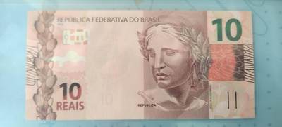 5雷亚尔的背面是大白鹭，巴西湿地常见鸟类。
10雷亚尔背面的红绿金刚鹦鹉