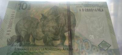 正面：曼德拉头像、头像两侧的微缩文字取自南非宪法序言、英文行名和国徽背面：两头白犀牛、南非荷兰语行名