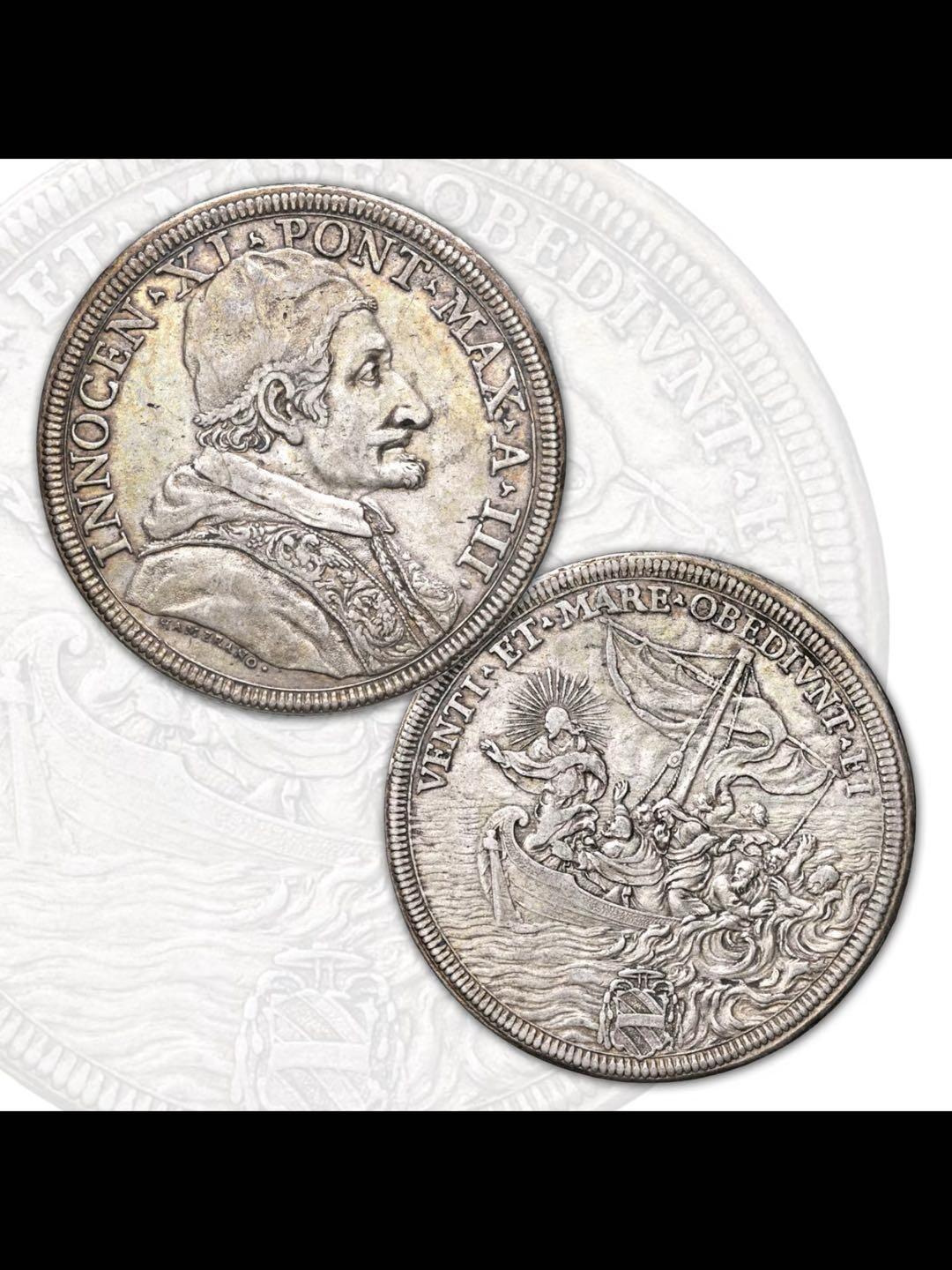 教皇币中的“名誉大钱”1678年“耶稣镇海”银币