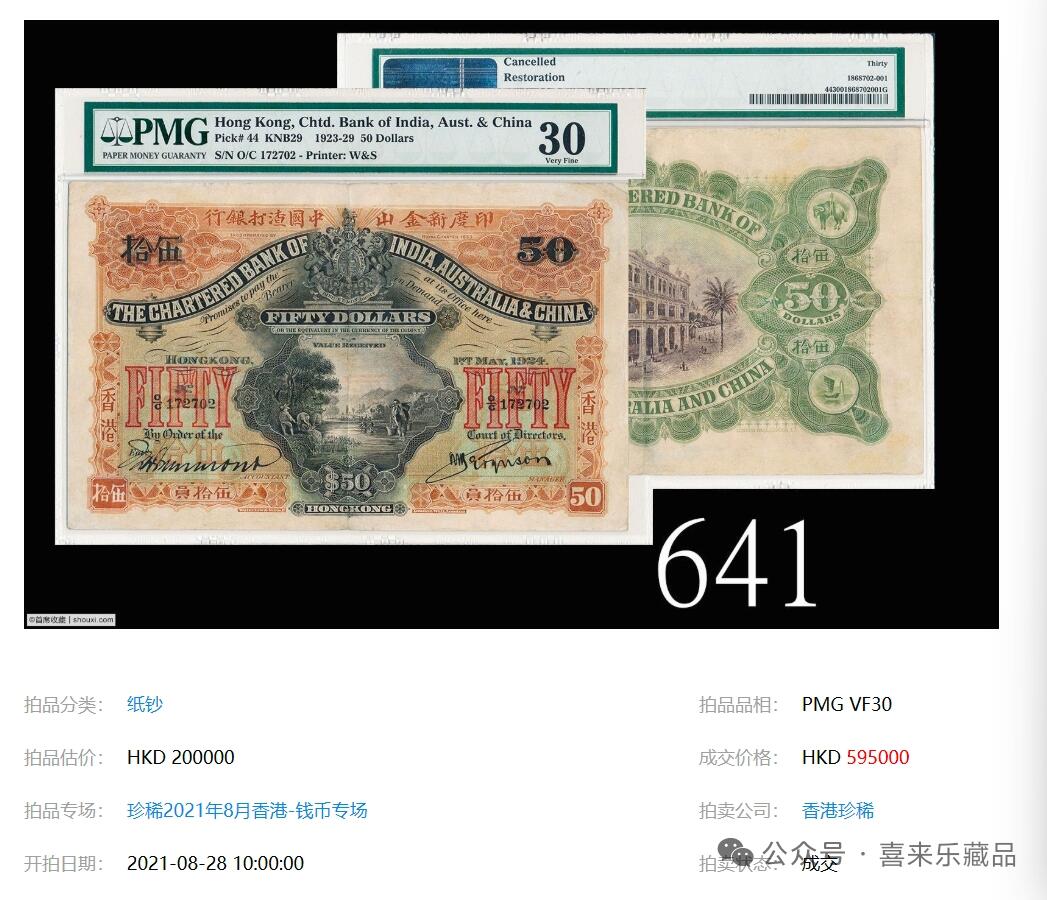 #拍得59万多港币#新金中印度香港50元1947年版