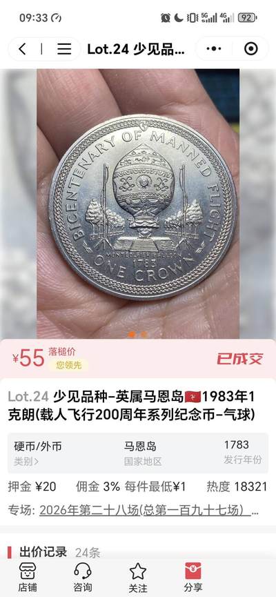 马恩岛1983年1克朗载人飞行200周年纪念币（蒙哥尔费热气球版）完整解析
 