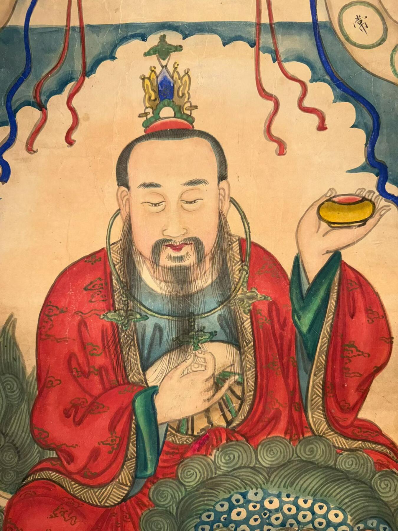 清代手绘太乙救苦天尊像 镜106*58cm镇宅第一神，太乙救苦难！清代老画新裱，太乙天尊乘九头狮子，护佑平安破除万难。家里挂一幅，心安祈福，诸事顺遂。