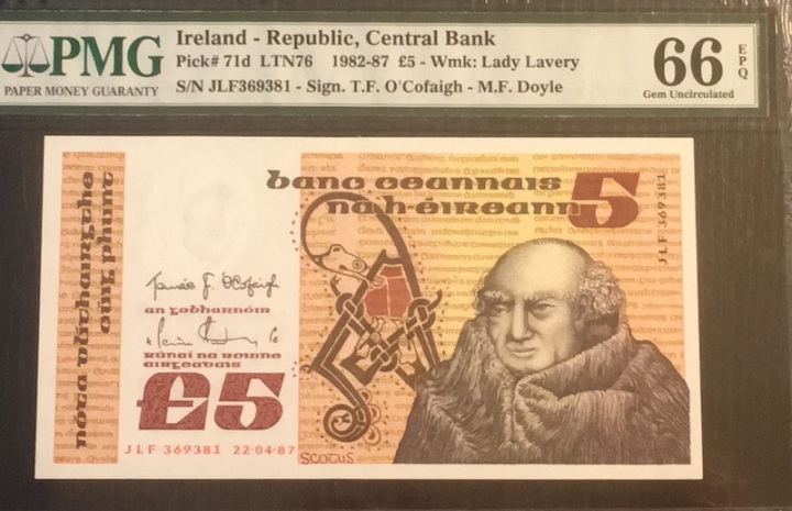 收藏联盟六十三期拍卖 PMG 66E 爱尔兰B5埃尔金纳 JLF369381