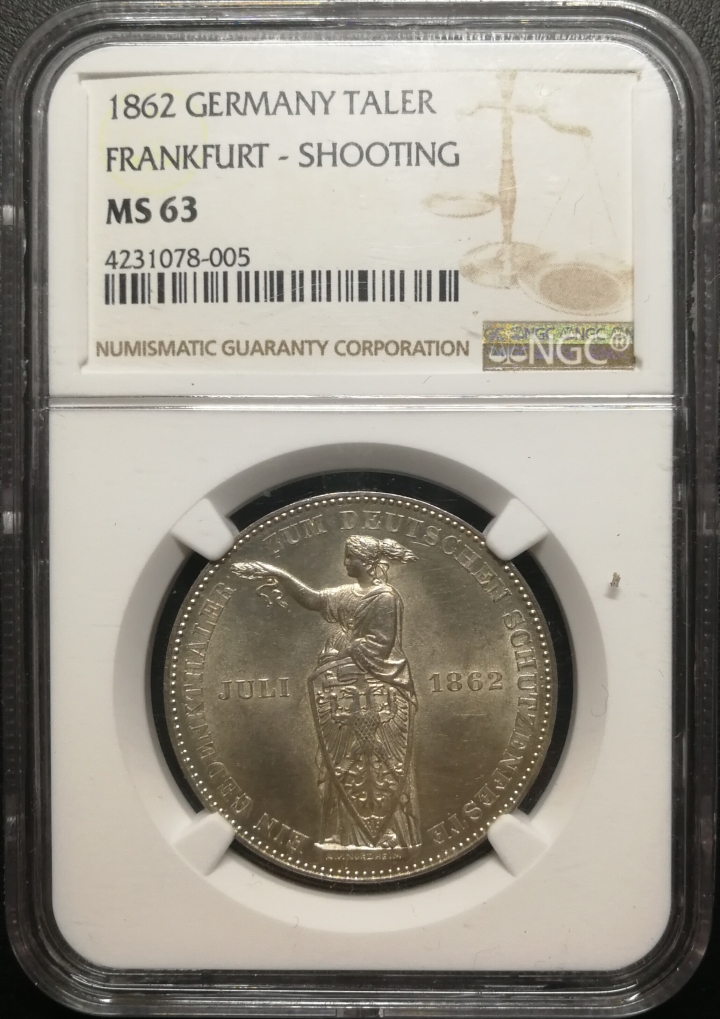 凡希社世界钱币微拍第六十七期 1862法兰克福射击节泰勒NGC-MS63